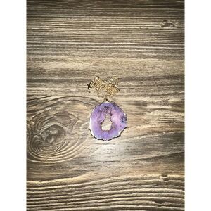 1pc Pendant Necklace Agate Quartz Geode Slice Amethyst Inlaid Gold Plated. New.